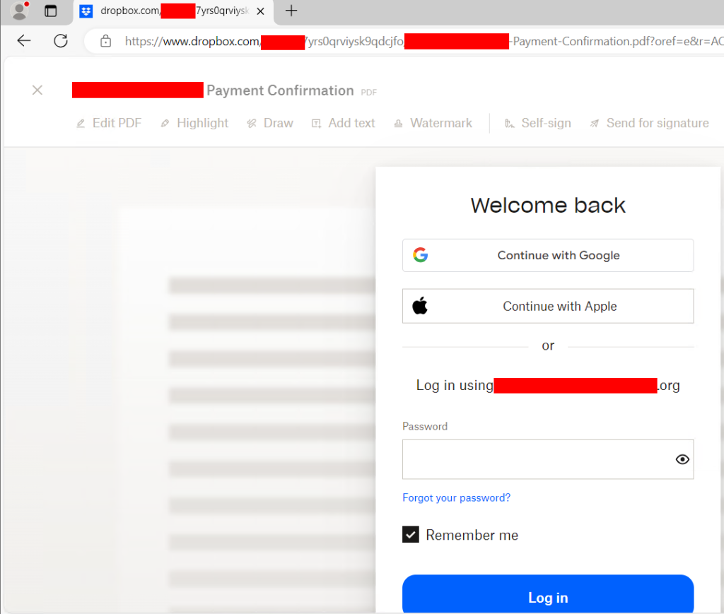 example of the threat actors log in page from the latest Dropbox phishing scam
