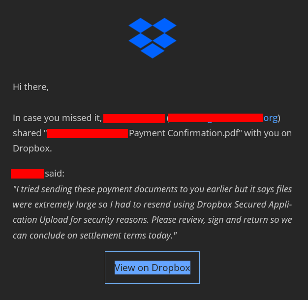 Image of actual email being sent by the threat actor of the latest Dropbox phishing scam