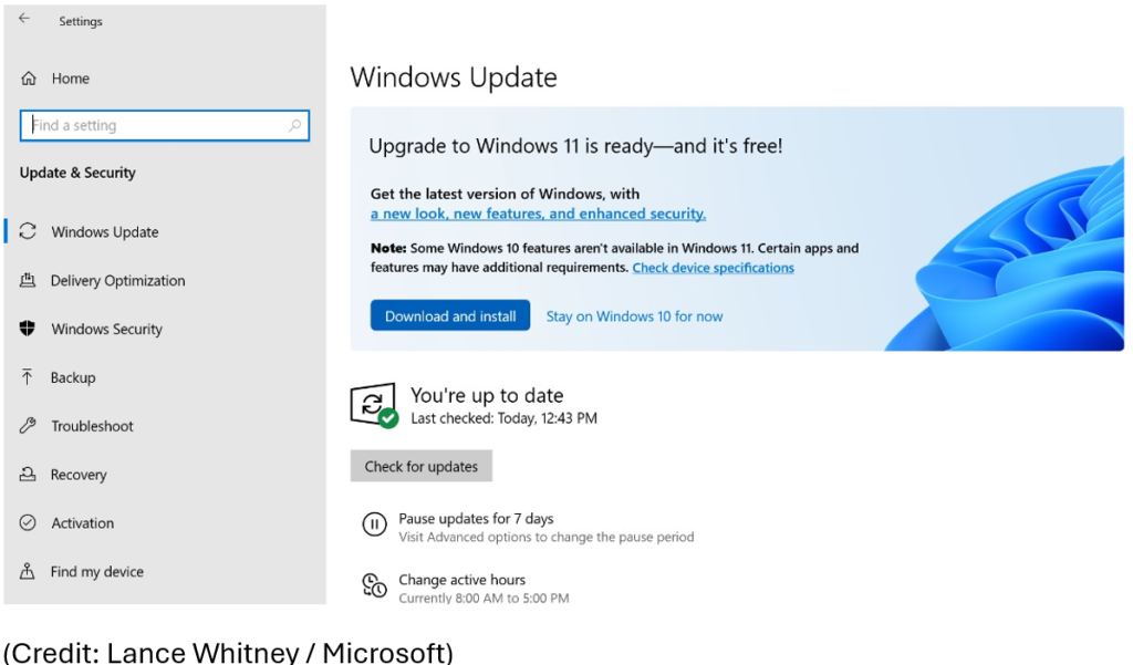 screen shot of Windows Update page for Preparing for Windows 10 End of Life in 2025